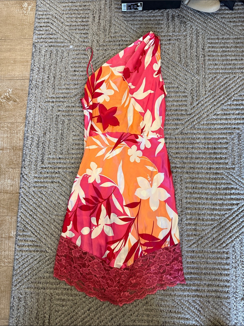 Womens One-Shoulder Floral Slip Dress in Pink and Orange 100% Silk Medium